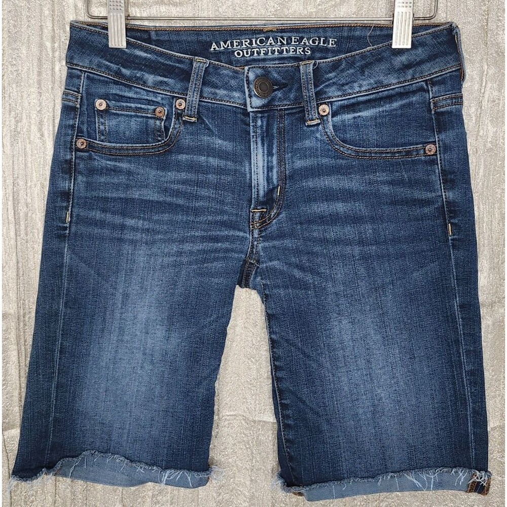 American Eagle Super Stretch Bermuda Shorts Dark Wash Raw Hem Jorts Sz 2